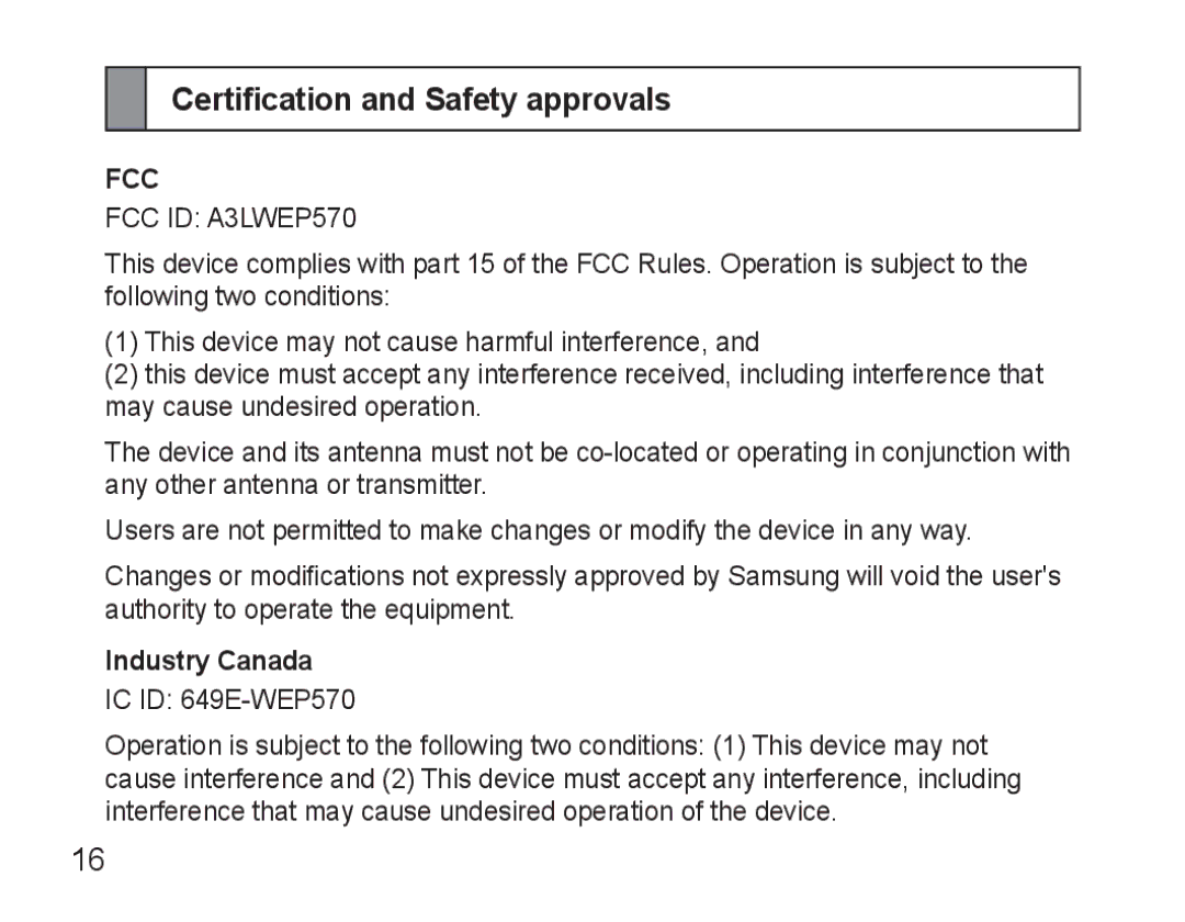 Samsung AWEP570VBECSER, AWEP570VBECXEF, AWEP570EBECXEF, AWEP570VBECXEH Certification and Safety approvals, Industry Canada 