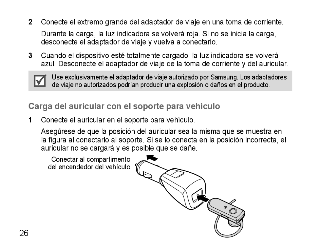 Samsung AWEP570EBECXEF, AWEP570VBECXEF, AWEP570VBECXEH, AWEP570VBECSER manual Carga del auricular con el soporte para vehículo 