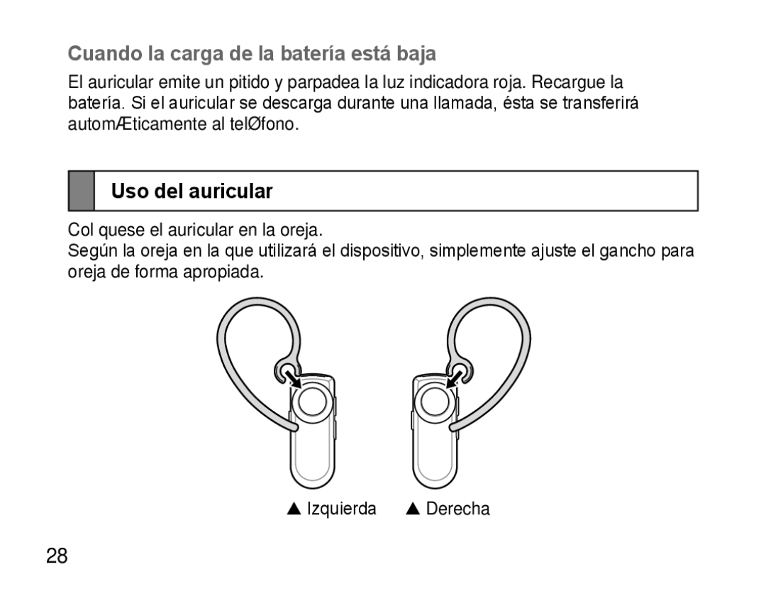 Samsung AWEP570VBECSER, AWEP570VBECXEF, AWEP570EBECXEF manual Cuando la carga de la batería está baja, Uso del auricular 
