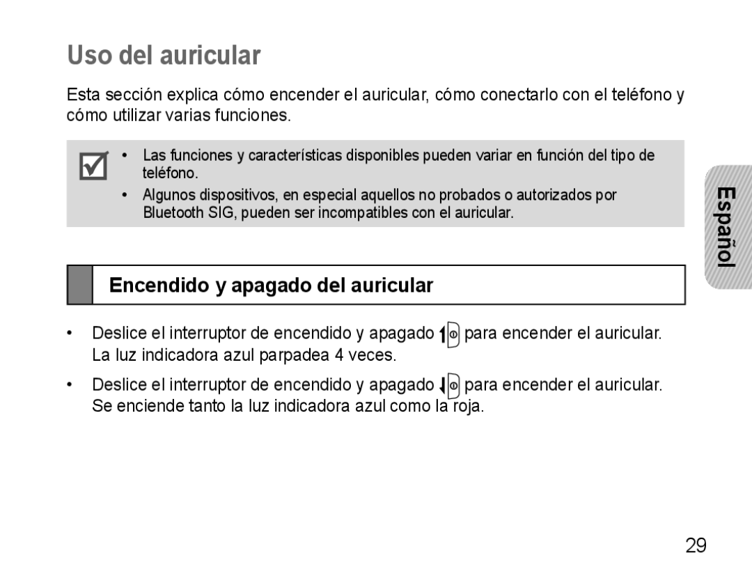 Samsung AWEP570VBECXEF, AWEP570EBECXEF, AWEP570VBECXEH, AWEP570VBECSER Uso del auricular, Encendido y apagado del auricular 