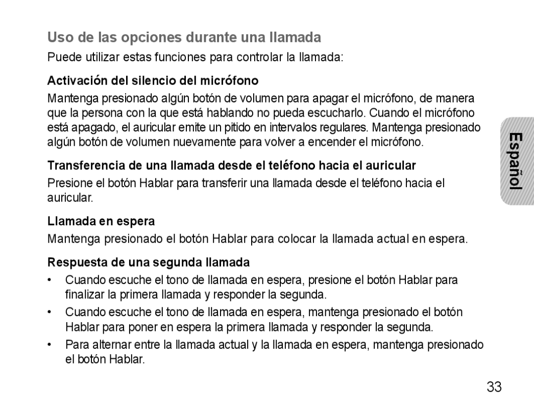 Samsung AWEP570VBECXEF Uso de las opciones durante una llamada, Activación del silencio del micrófono, Llamada en espera 