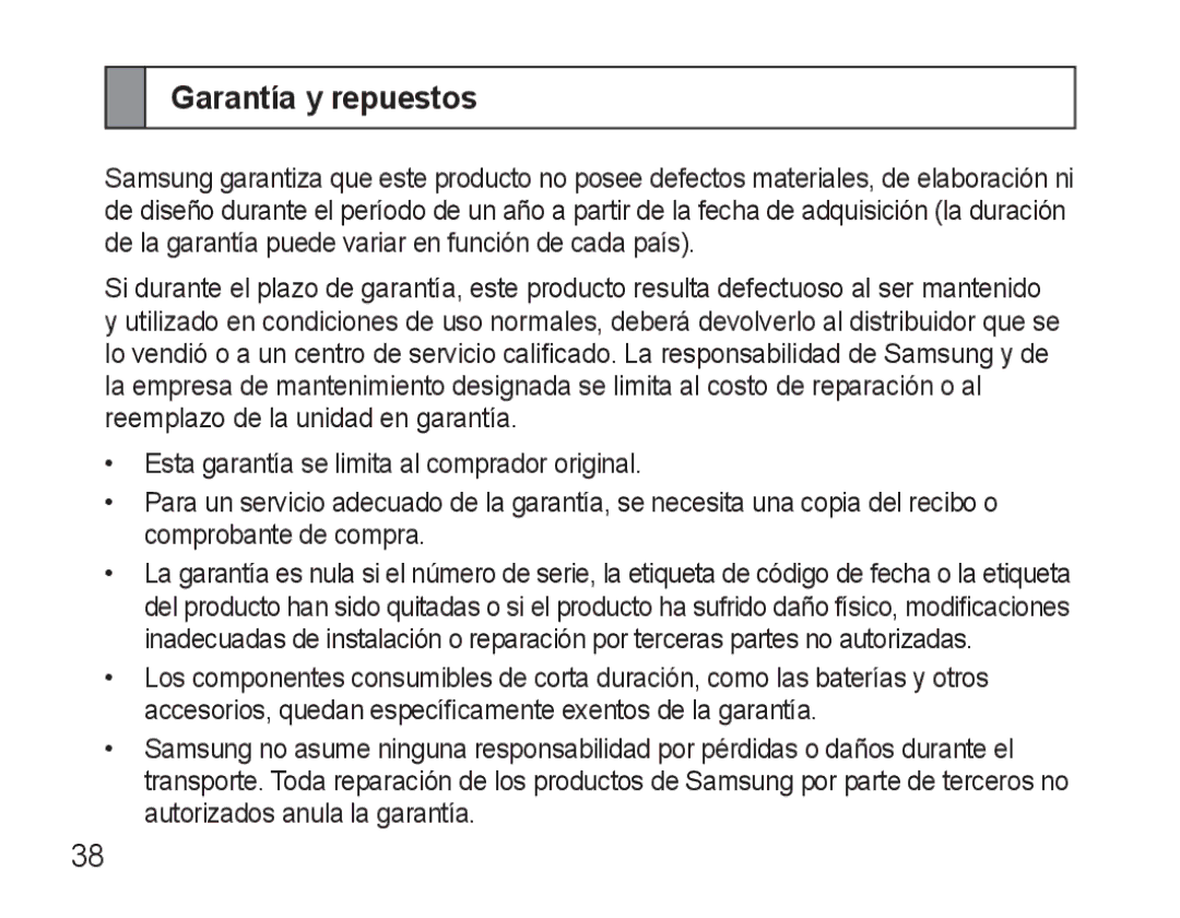 Samsung AWEP570EBECXEF, AWEP570VBECXEF, AWEP570VBECXEH, AWEP570VBECSER manual Garantía y repuestos 