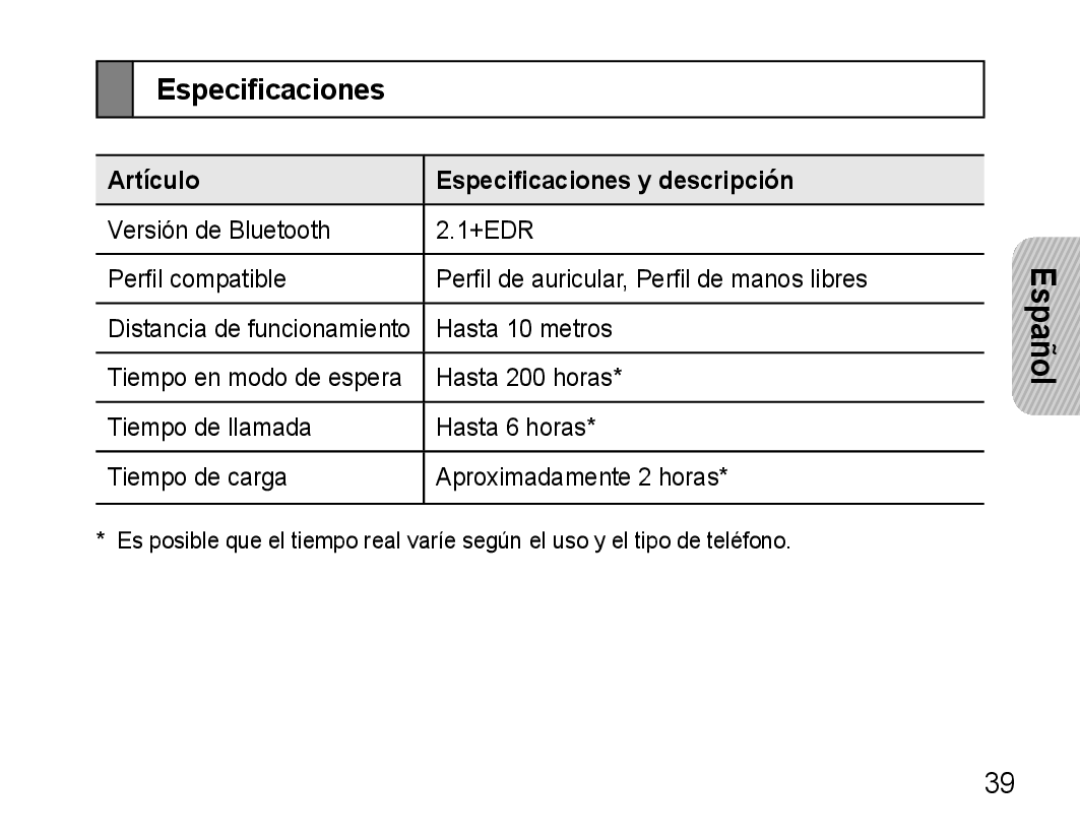 Samsung AWEP570VBECXEH, AWEP570VBECXEF, AWEP570EBECXEF, AWEP570VBECSER manual Artículo Especificaciones y descripción 