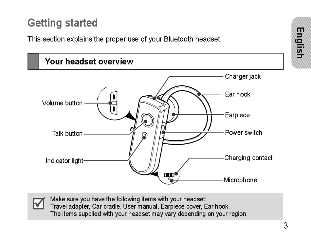 Samsung AWEP570VBECXEH, AWEP570VBECXEF, AWEP570EBECXEF, AWEP570VBECSER manual Getting started, Your headset overview, English 