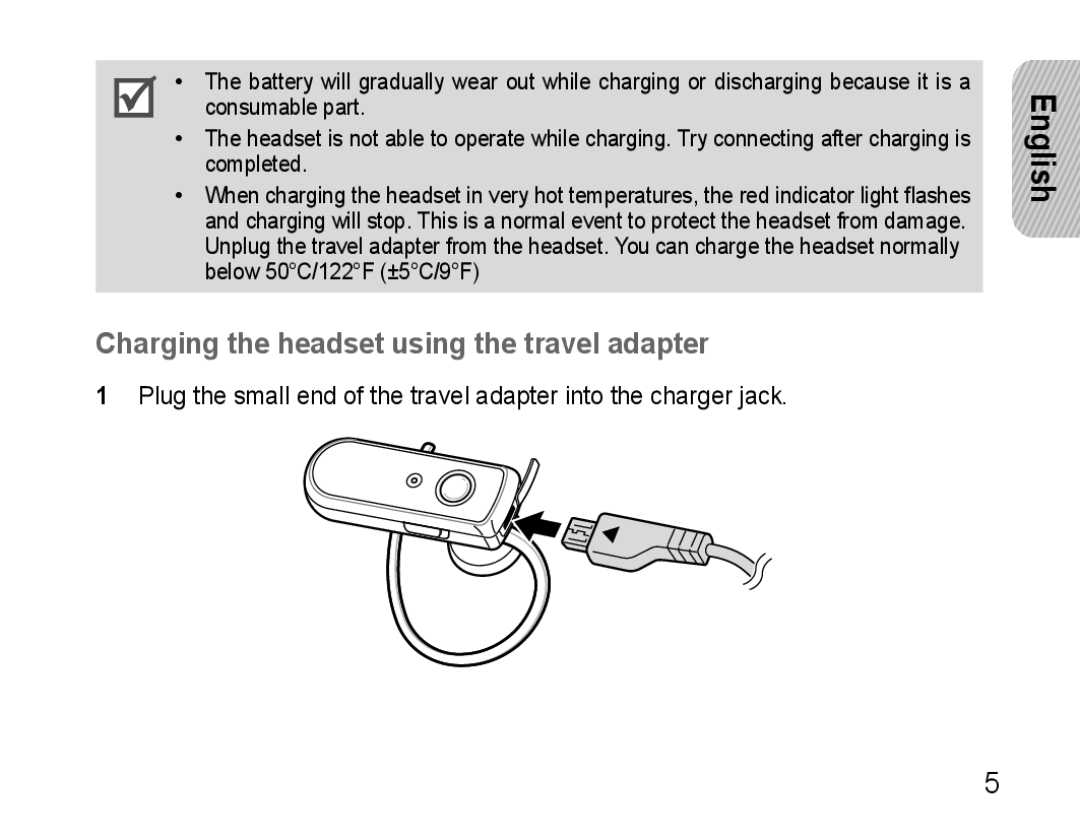 Samsung AWEP570VBECXEF, AWEP570EBECXEF, AWEP570VBECXEH, AWEP570VBECSER manual Charging the headset using the travel adapter 