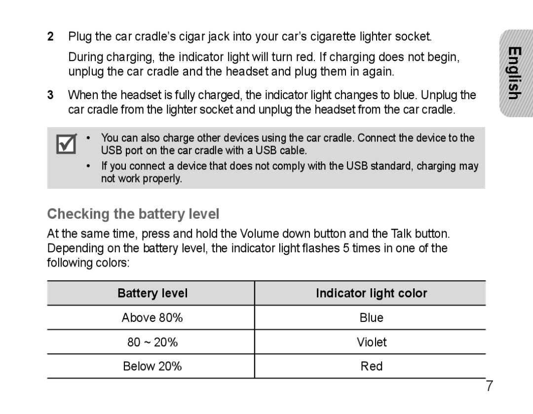 Samsung AWEP570VBECXEH, AWEP570VBECXEF, AWEP570EBECXEF manual Checking the battery level, Battery level Indicator light color 