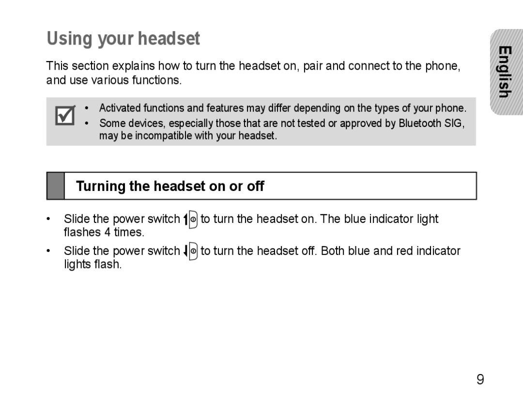 Samsung AWEP570VBECXEF, AWEP570EBECXEF, AWEP570VBECXEH, AWEP570VBECSER Using your headset, Turning the headset on or off 