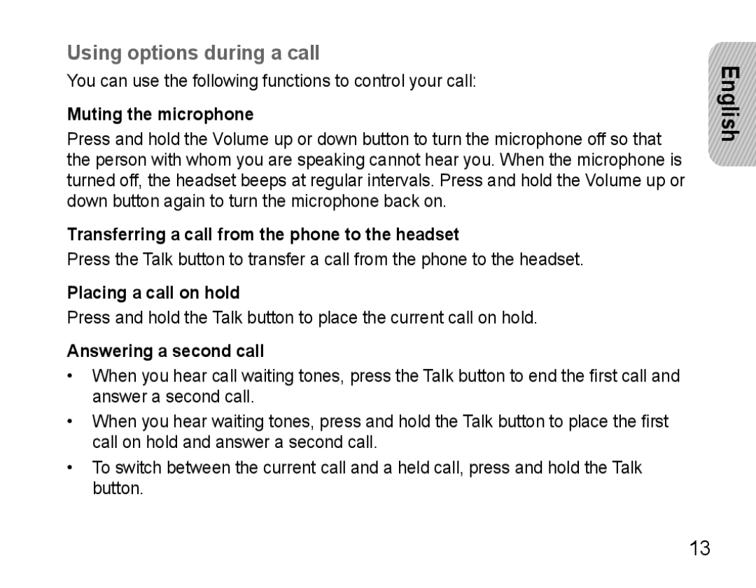 Samsung AWEP570VBECXEF Using options during a call, Muting the microphone, Placing a call on hold, Answering a second call 