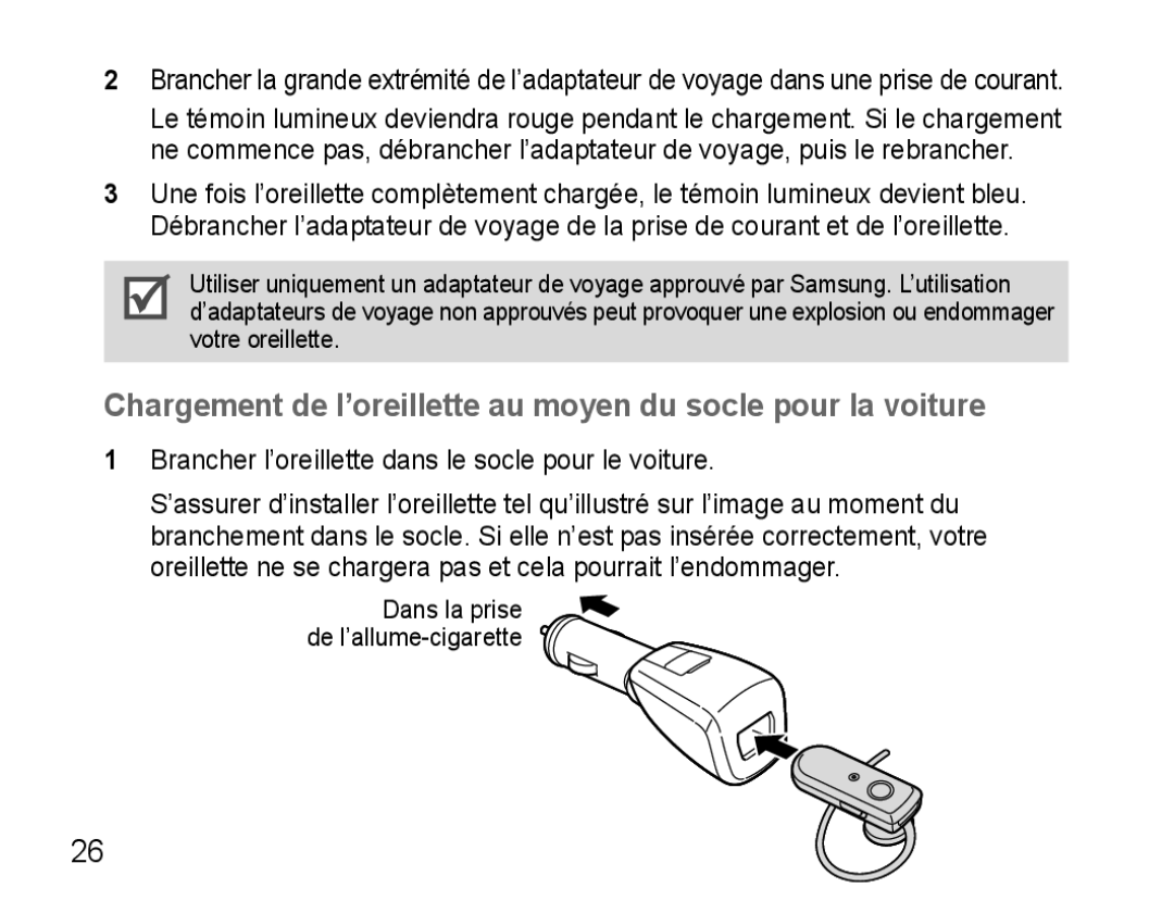 Samsung AWEP570EBECXEF, AWEP570VBECXEF, AWEP570VBECXEH manual Chargement de l’oreillette au moyen du socle pour la voiture 