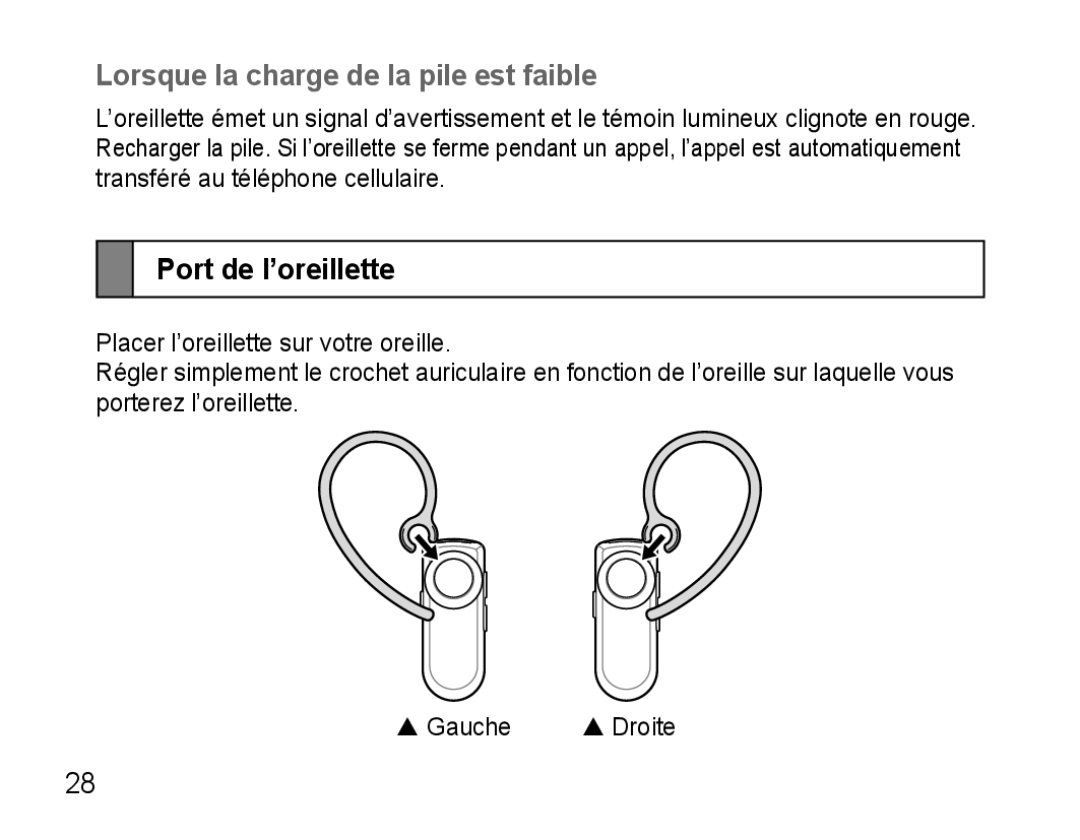 Samsung AWEP570VBECSER, AWEP570VBECXEF, AWEP570EBECXEF manual Lorsque la charge de la pile est faible, Port de l’oreillette 