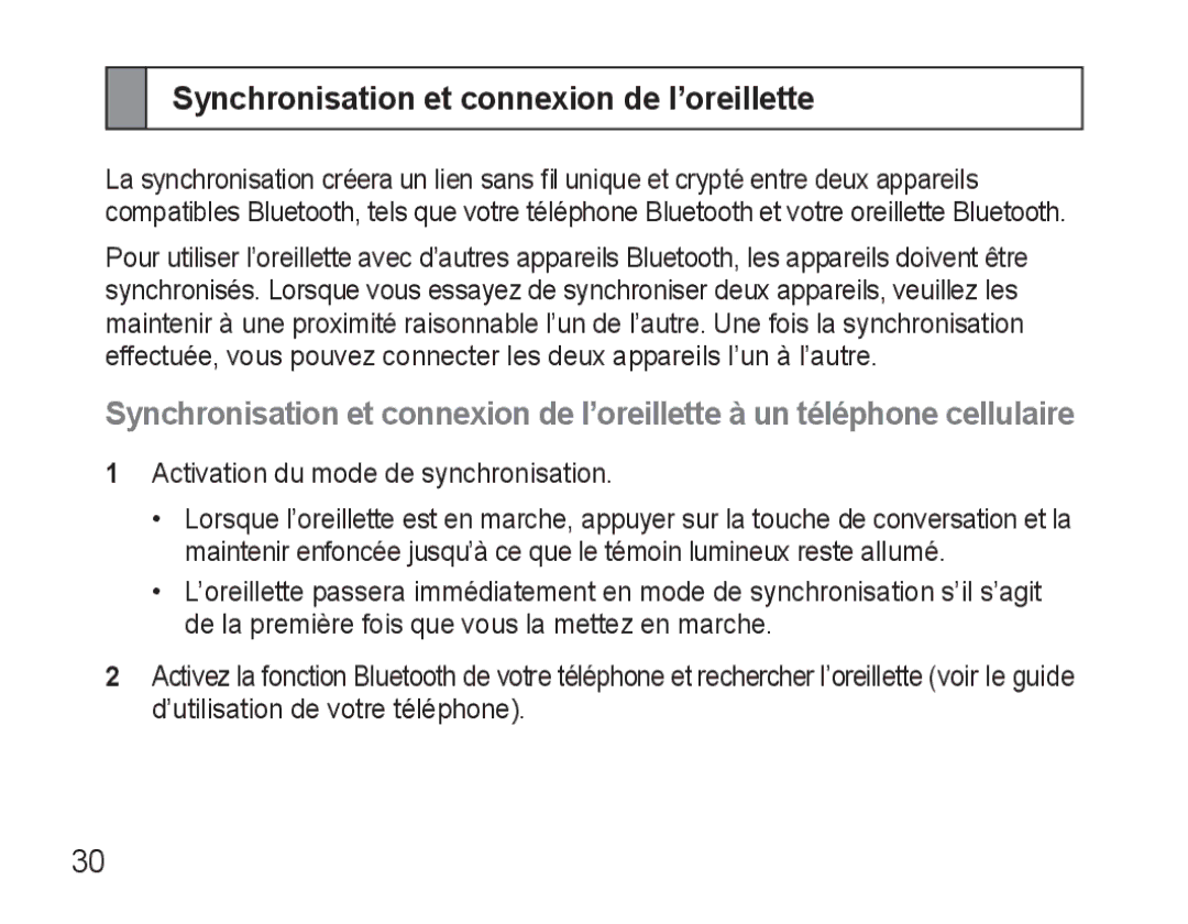 Samsung AWEP570EBECXEF, AWEP570VBECXEF, AWEP570VBECXEH, AWEP570VBECSER manual Synchronisation et connexion de l’oreillette 