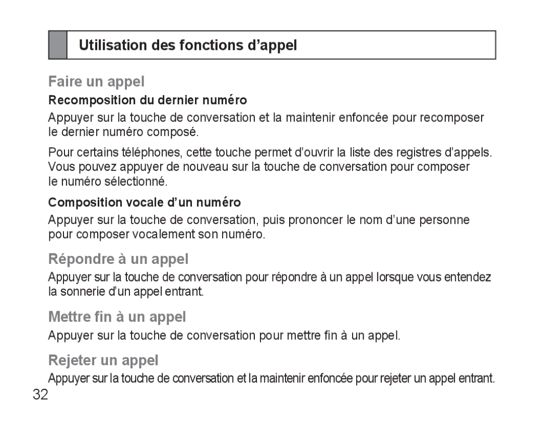 Samsung AWEP570VBECSER manual Utilisation des fonctions d’appel, Faire un appel, Répondre à un appel, Mettre fin à un appel 