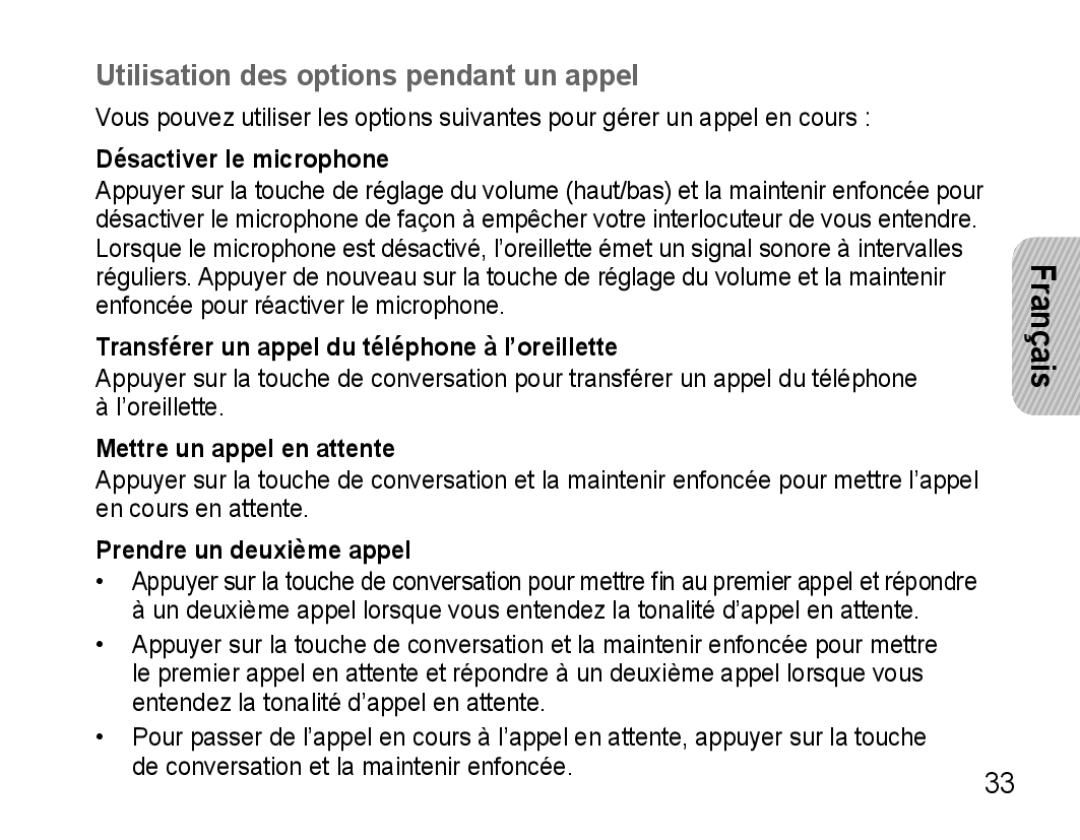 Samsung AWEP570VBECXEF, AWEP570EBECXEF, AWEP570VBECXEH, AWEP570VBECSER Utilisation des options pendant un appel, Français 