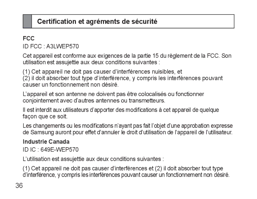 Samsung AWEP570VBECSER, AWEP570VBECXEF, AWEP570EBECXEF manual Certification et agréments de sécurité, Industrie Canada 