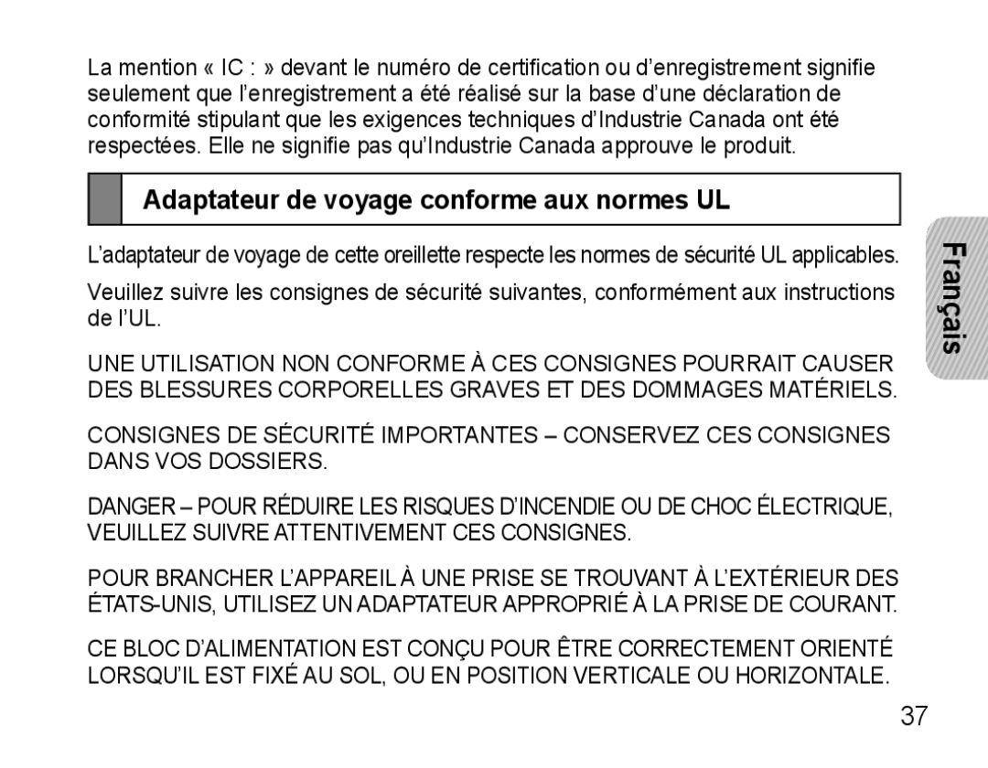 Samsung AWEP570VBECXEF, AWEP570EBECXEF, AWEP570VBECXEH, AWEP570VBECSER manual Adaptateur de voyage conforme aux normes UL 