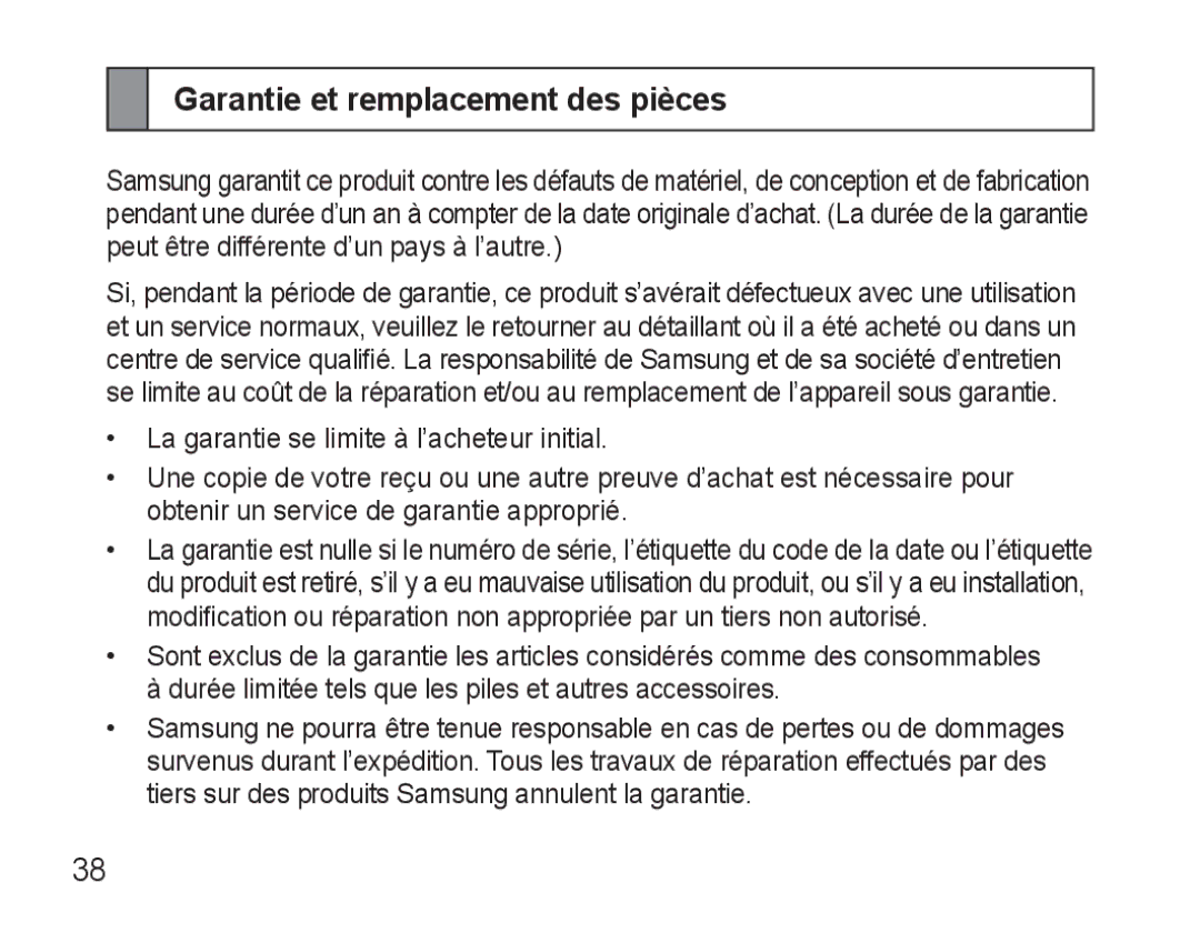 Samsung AWEP570EBECXEF, AWEP570VBECXEF, AWEP570VBECXEH, AWEP570VBECSER manual Garantie et remplacement des pièces 