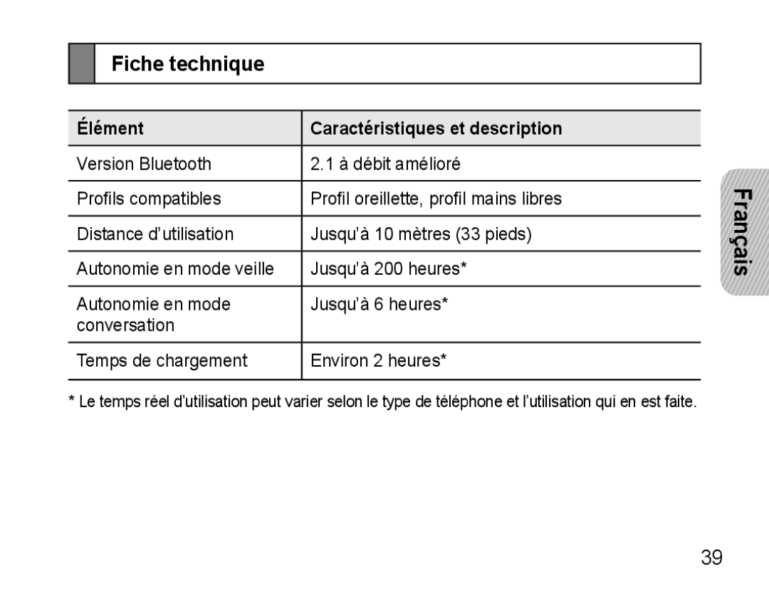 Samsung AWEP570VBECXEH, AWEP570VBECXEF, AWEP570EBECXEF manual Fiche technique, Élément Caractéristiques et description 