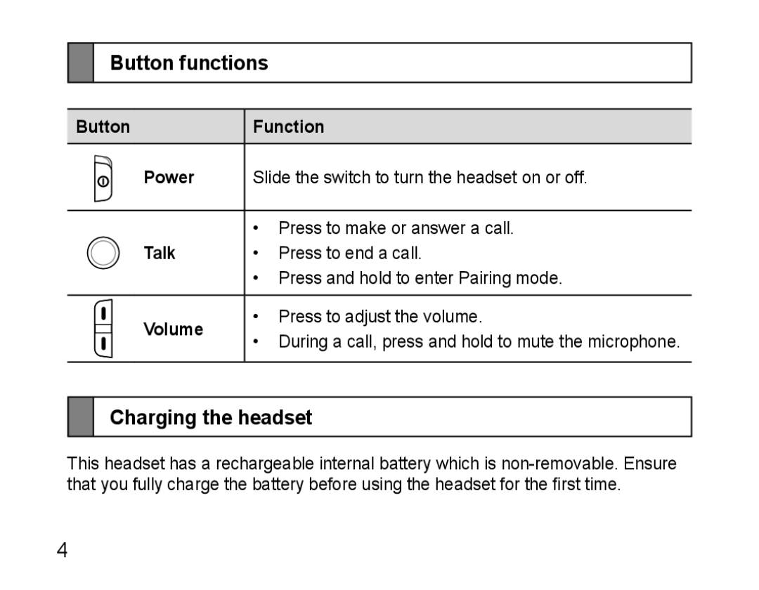 Samsung AWEP570VBECSER, AWEP570VBECXEF manual Button functions, Charging the headset, Button Function Power, Talk, Volume 