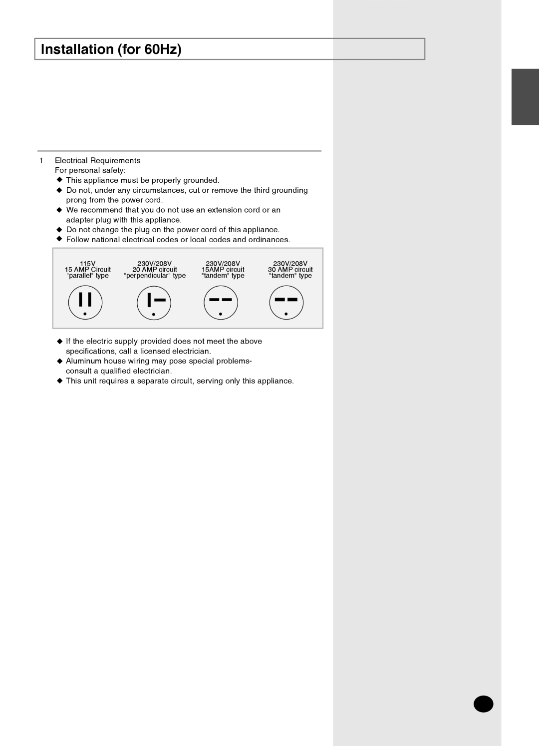 Samsung AW24P1HEB, AWT18P1HEB, AWT24P1HEB, AW24P1HBC, AW24P1HBD, AWT24P1HEC, AW24P1HBB manuel dutilisation Installation for 60Hz 