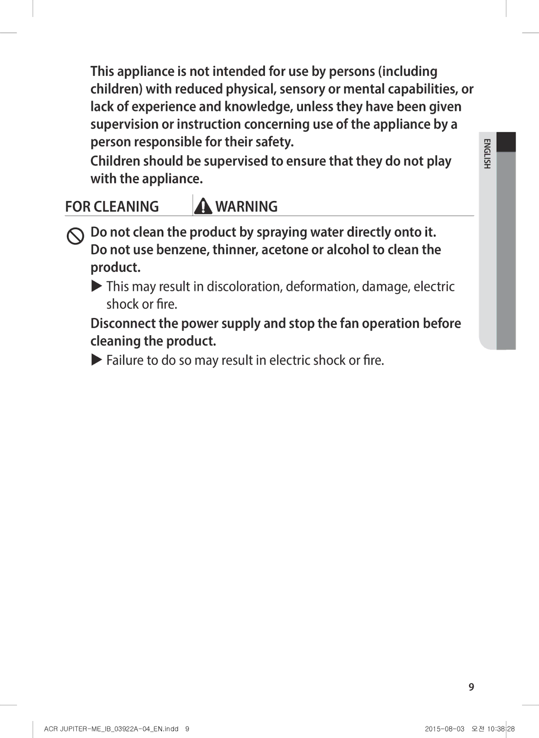 Samsung AX022FCVAND/MG manual For Cleaning 