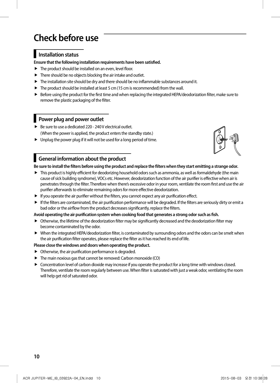 Samsung AX022FCVAND/MG manual Check before use, Installation status, Power plug and power outlet 