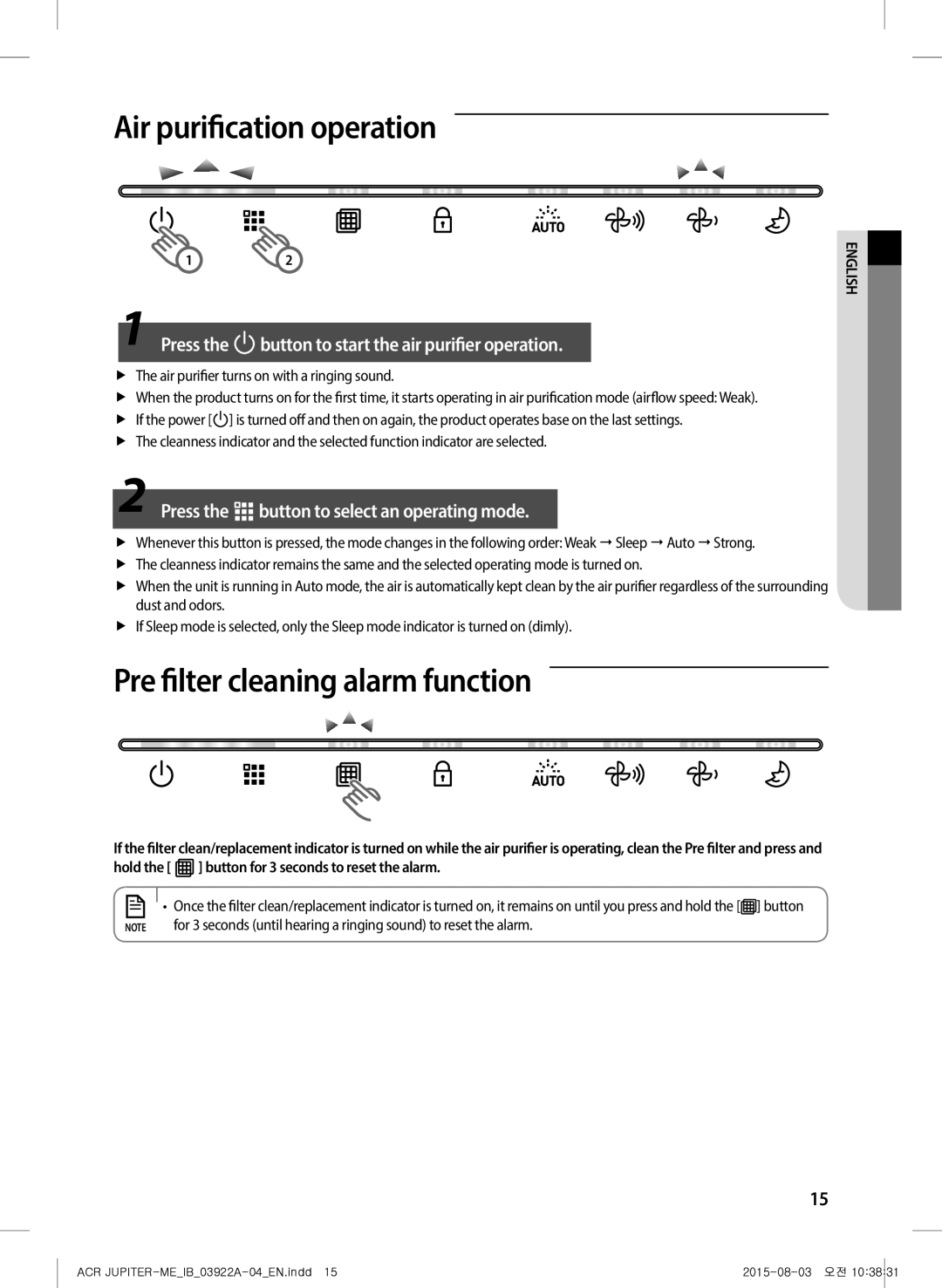 Samsung AX022FCVAND/MG manual Air purification operation, Pre filter cleaning alarm function 