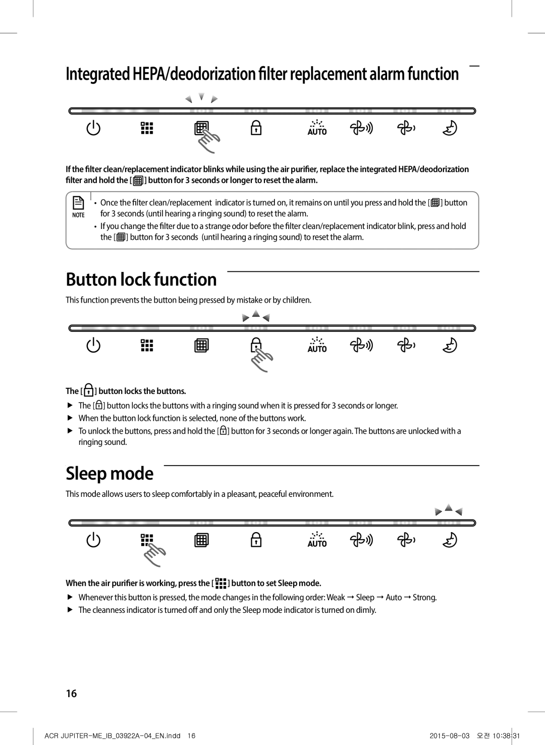 Samsung AX022FCVAND/MG manual Button lock function, Sleep mode, Button locks the buttons 