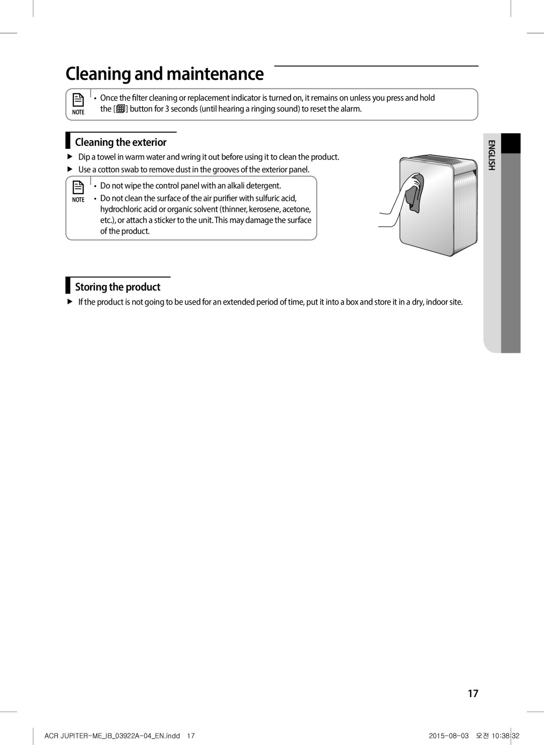 Samsung AX022FCVAND/MG manual Cleaning and maintenance, Cleaning the exterior, Storing the product 