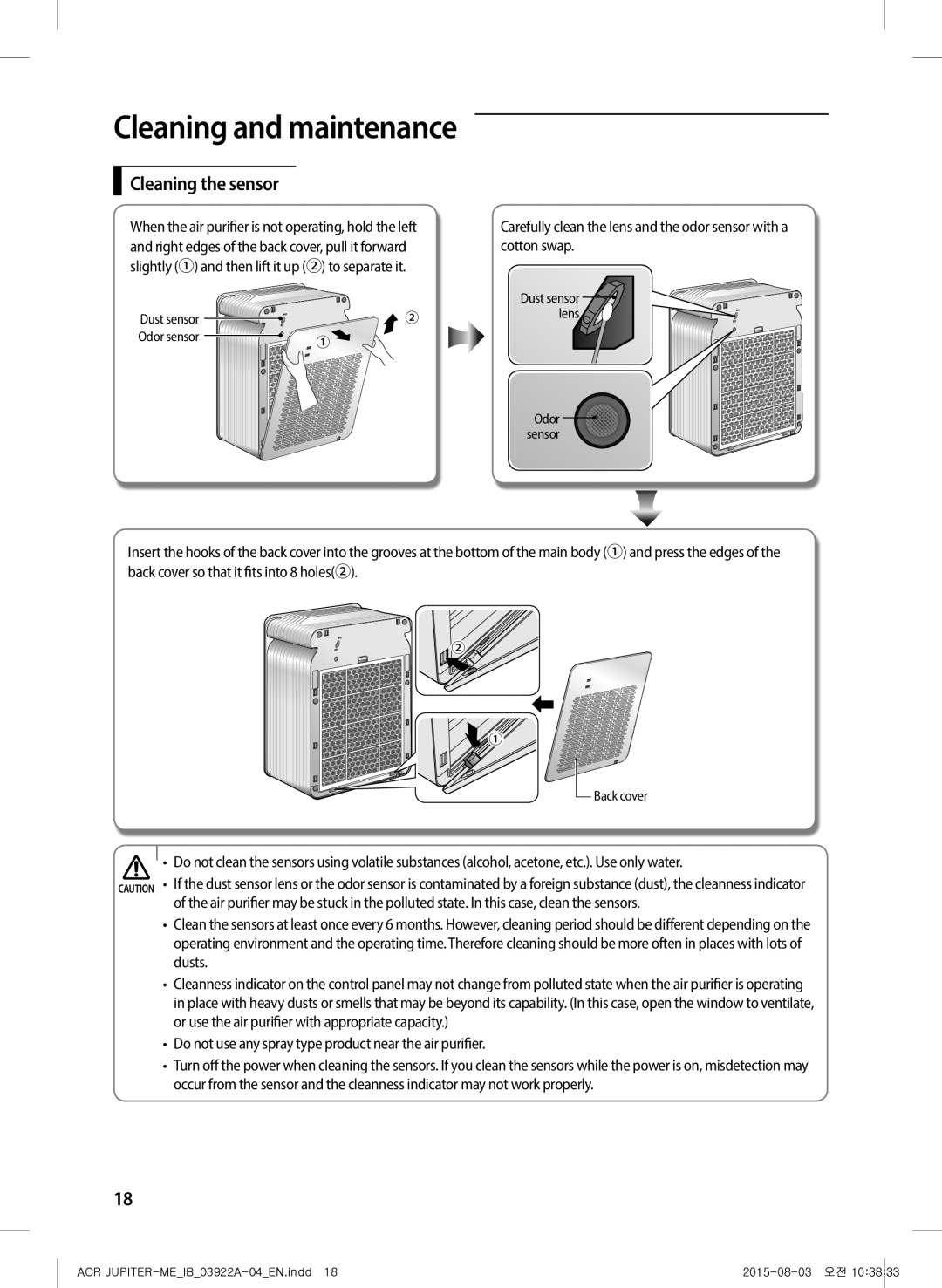 Samsung AX022FCVAND/MG manual Cleaning and maintenance, Cleaning the sensor 