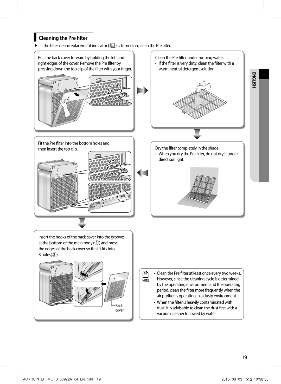 Samsung AX022FCVAND/MG manual Cleaning the Pre filter, Holes② Clean the Pre filter under running water 