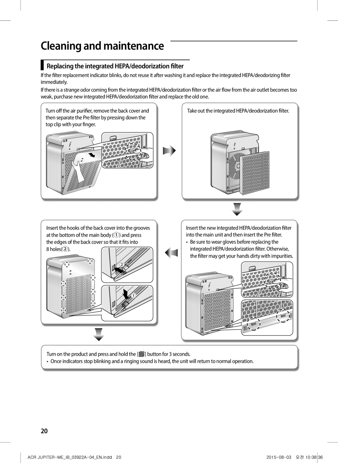 Samsung AX022FCVAND/MG manual Replacing the integrated HEPA/deodorization filter, Holes② 