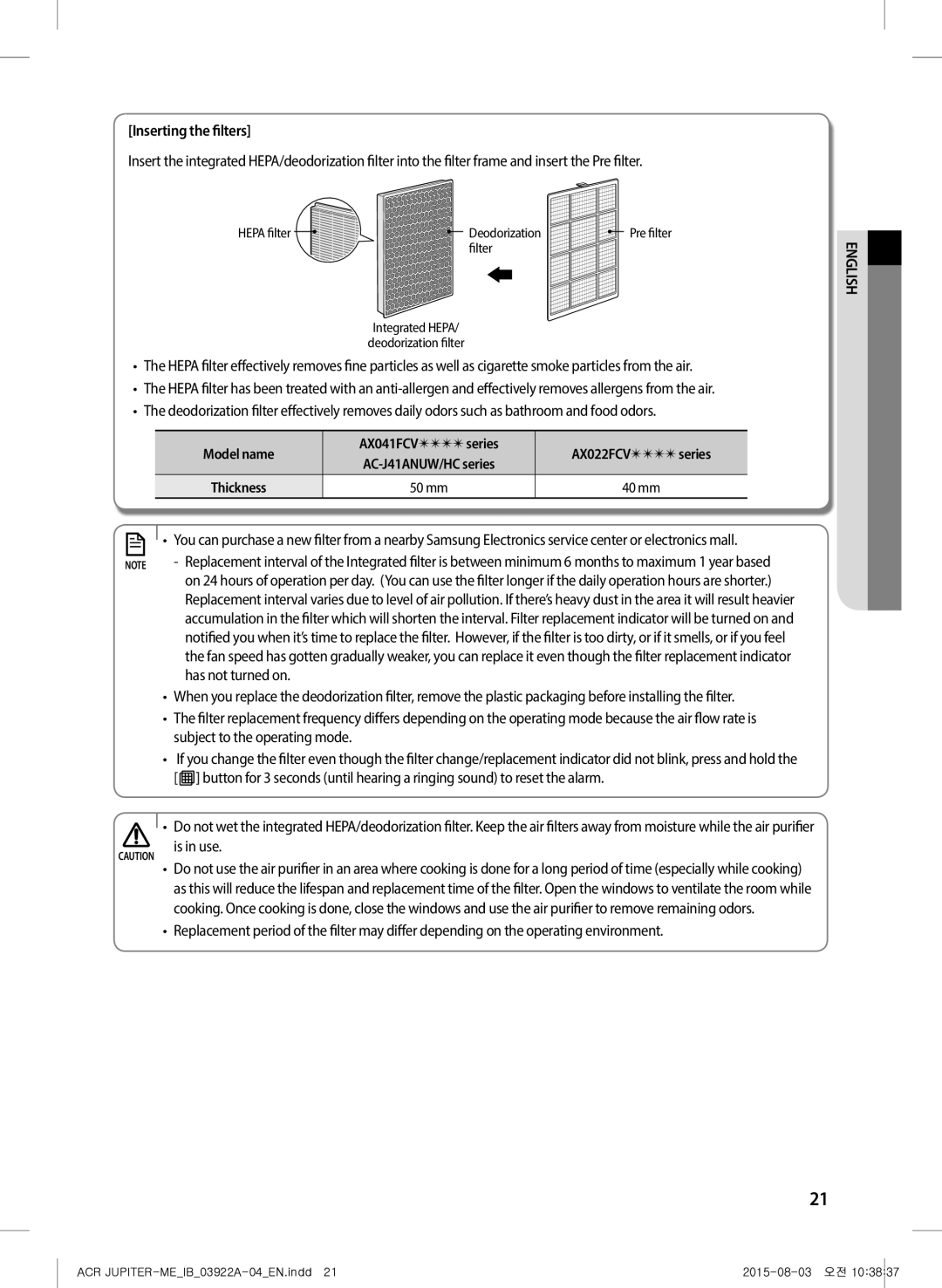 Samsung AX022FCVAND/MG manual Inserting the filters, Has not turned on, Is in use 