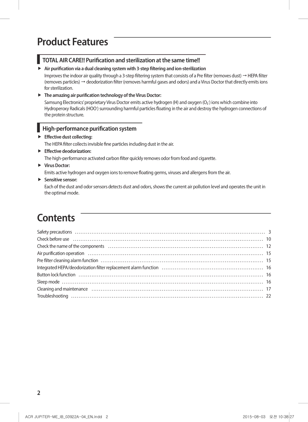 Samsung AX022FCVAND/MG manual Product Features, Contents 