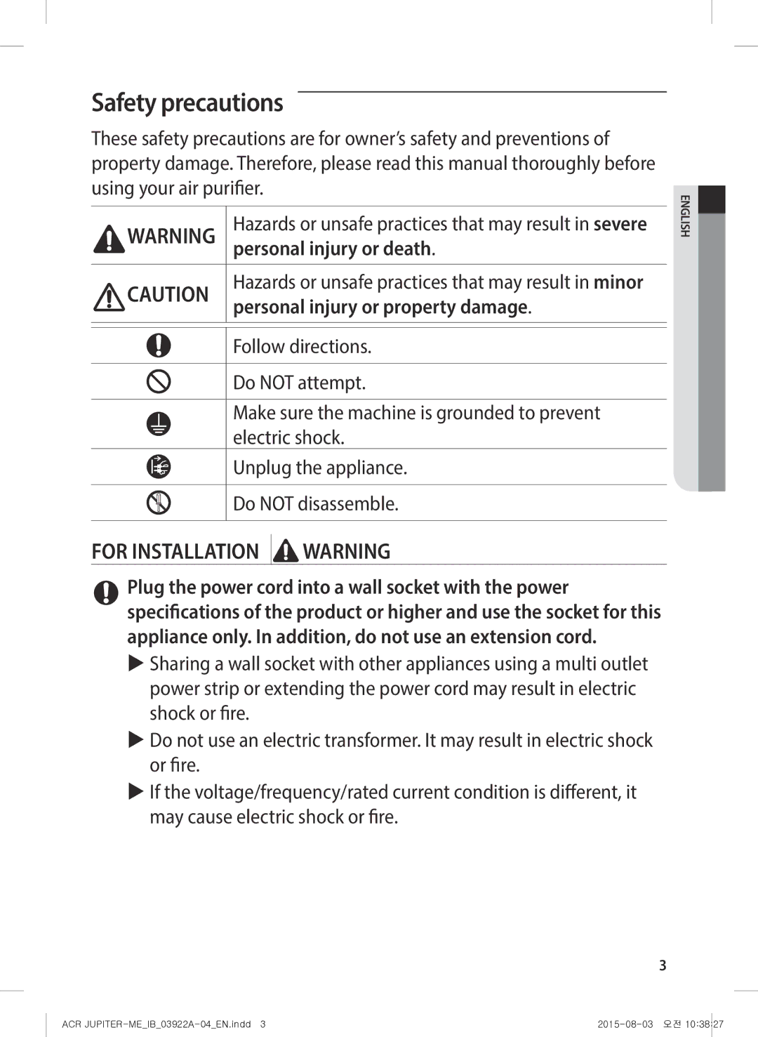 Samsung AX022FCVAND/MG manual Safety precautions, Personal injury or death, Personal injury or property damage 