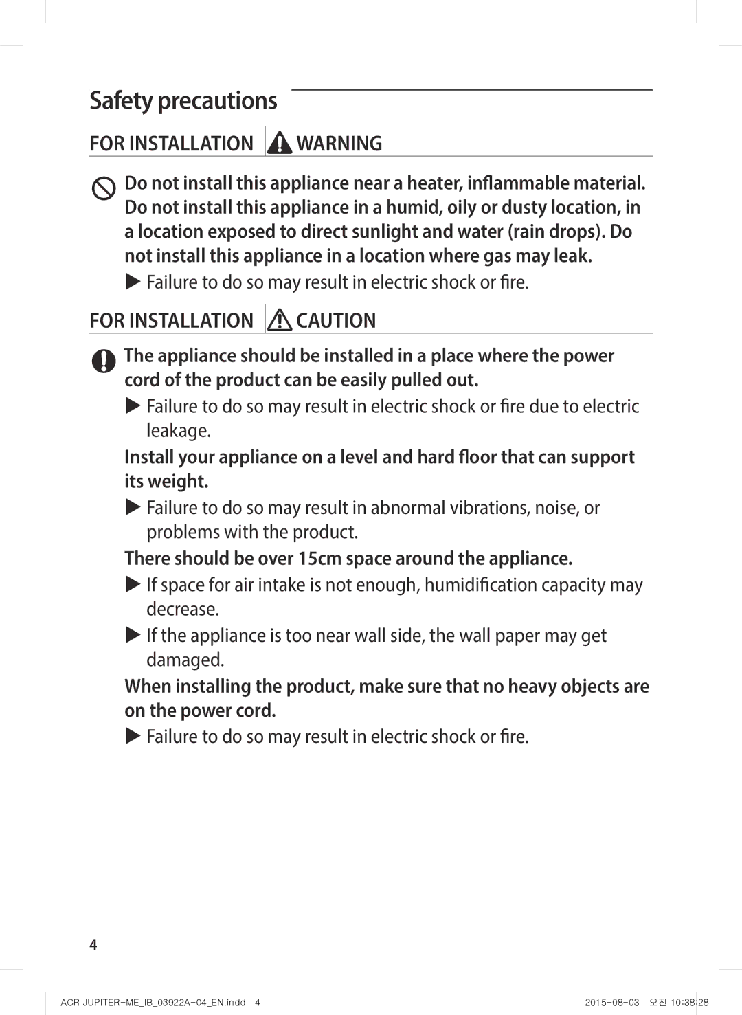 Samsung AX022FCVAND/MG manual There should be over 15cm space around the appliance, For Installation 