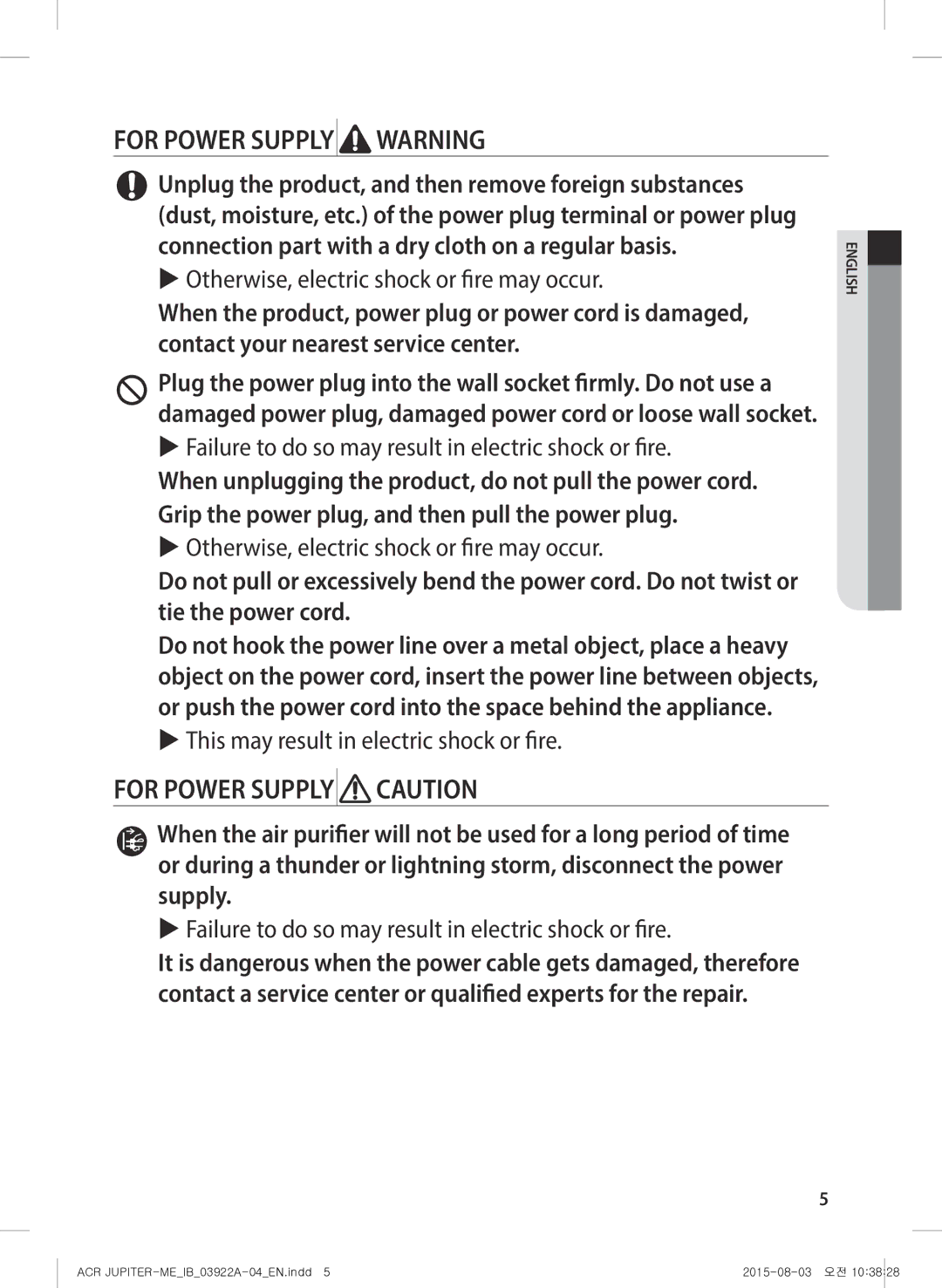 Samsung AX022FCVAND/MG manual For Power Supply Warning 