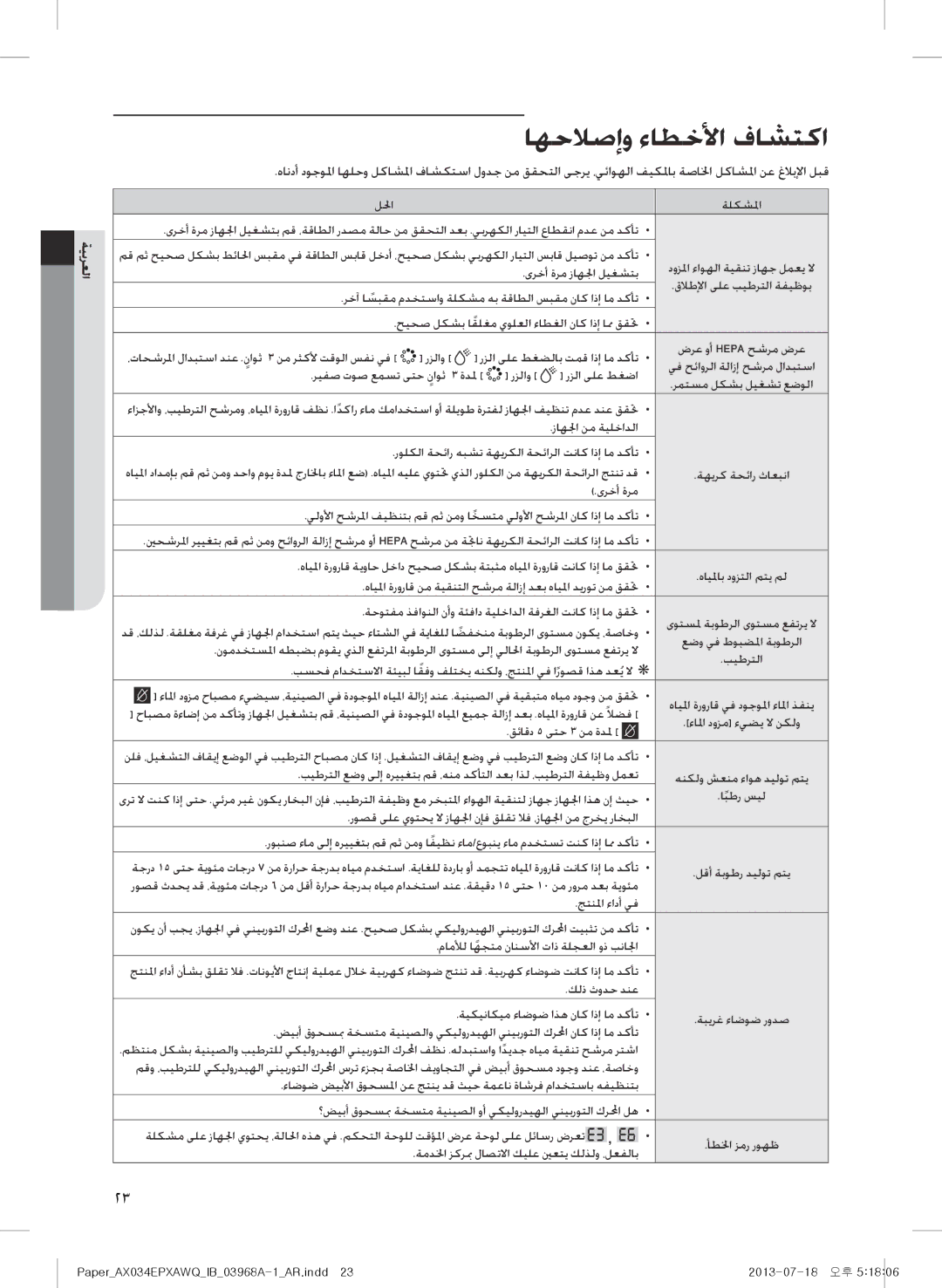 Samsung AX034EPXAWQ/MG, AX034EPXAWQ/UE manual اهحلاصإو ءاطخلأا فاشتكا, ةيبرعلا 