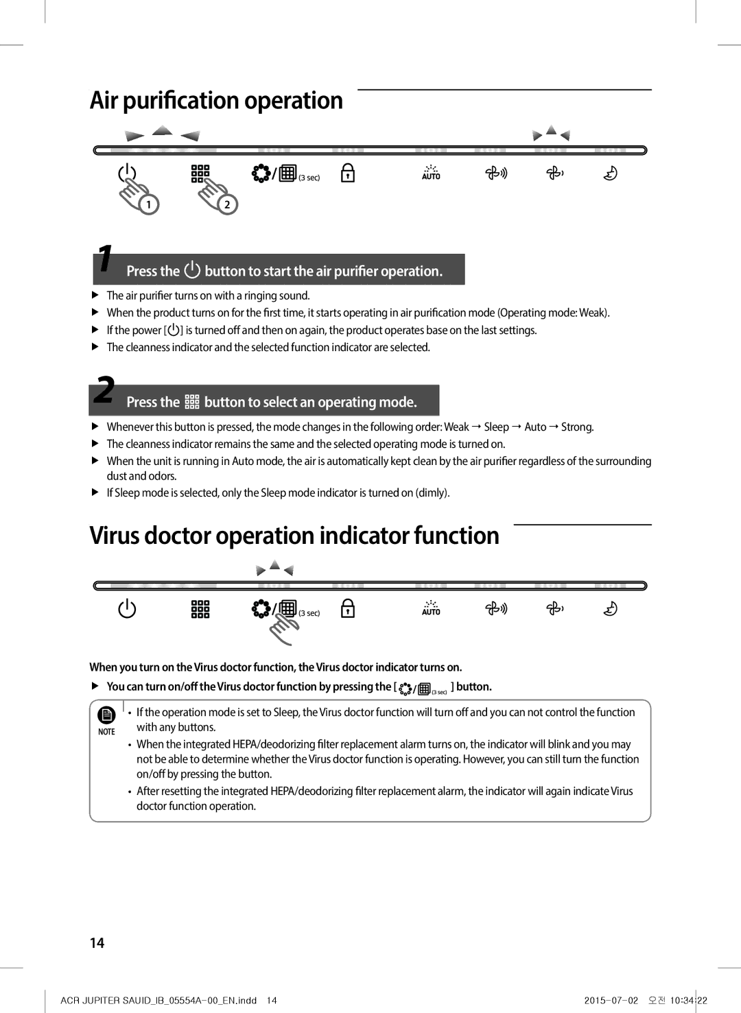 Samsung AX40H5000GM/MG manual Air purification operation, Virus doctor operation indicator function 