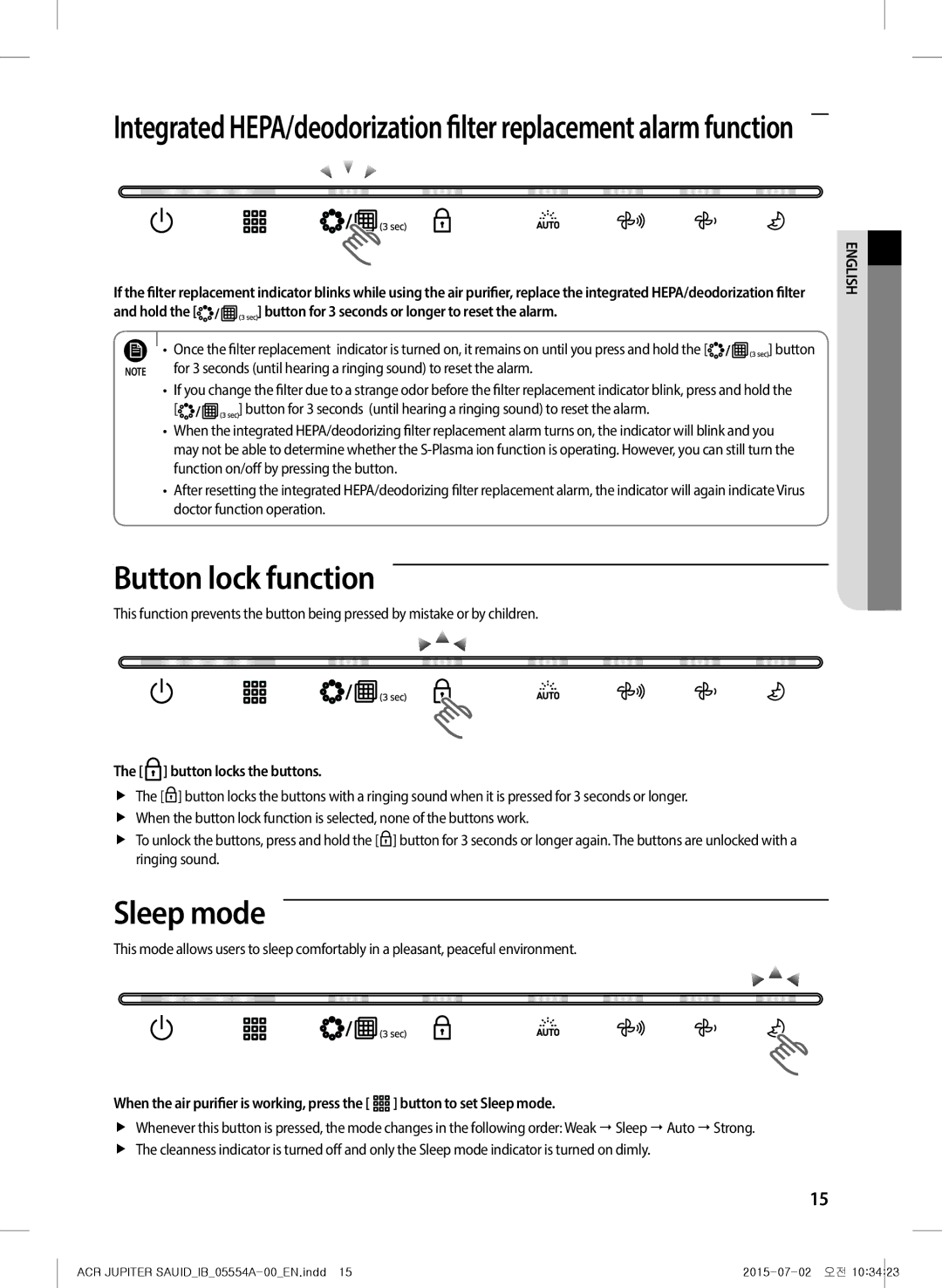 Samsung AX40H5000GM/MG manual Button lock function, Sleep mode, Hold Button for 3 seconds or longer to reset the alarm 