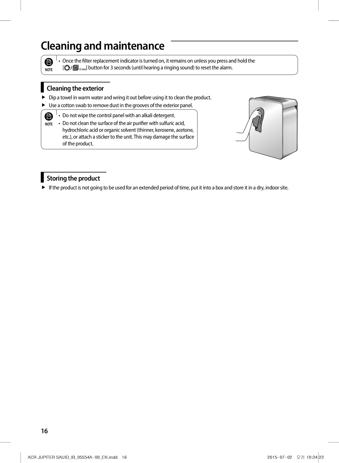 Samsung AX40H5000GM/MG manual Cleaning and maintenance, Cleaning the exterior, Storing the product 