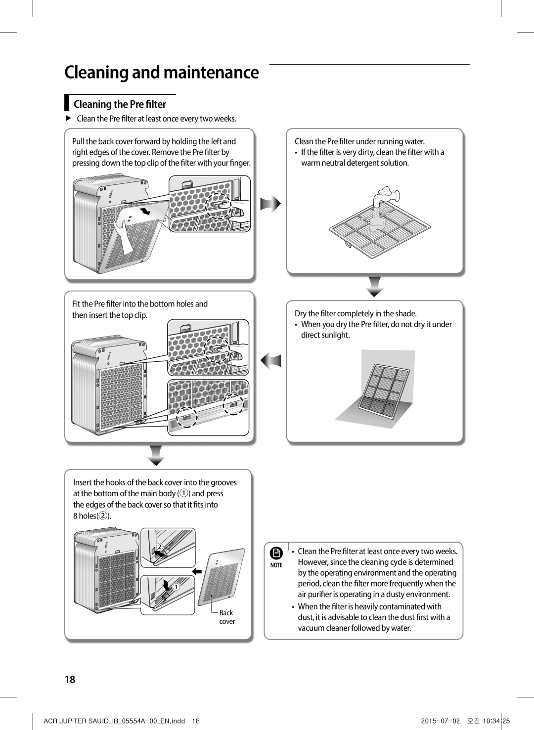 Samsung AX40H5000GM/MG manual Cleaning the Pre filter, FfClean the Pre filter at least once every two weeks 