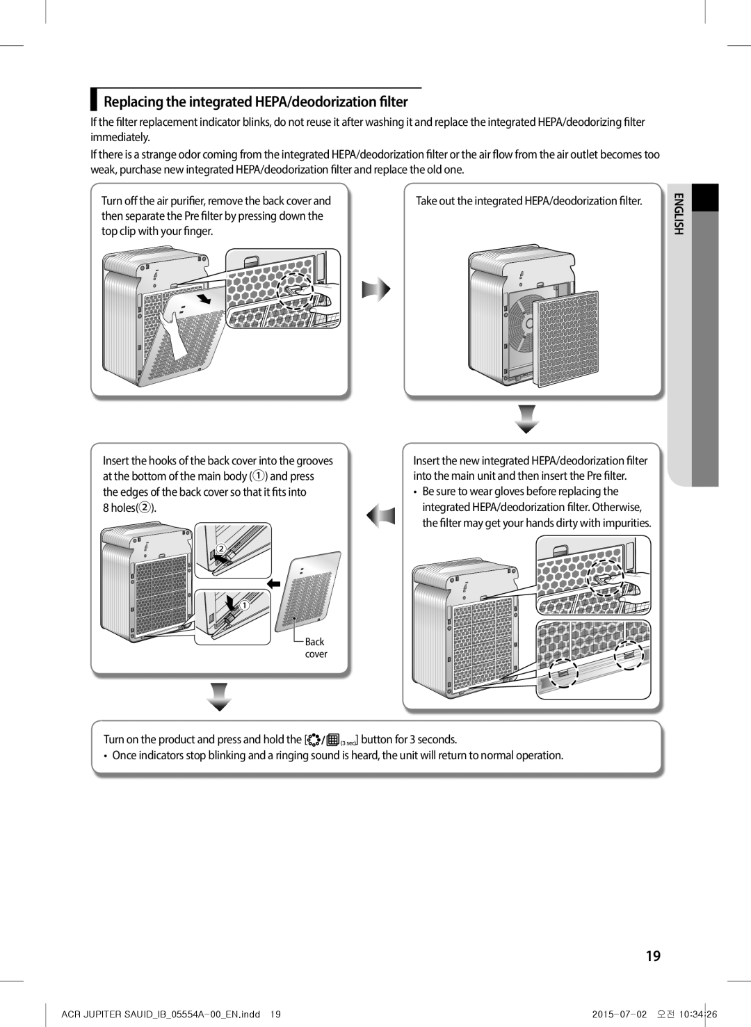 Samsung AX40H5000GM/MG manual Replacing the integrated HEPA/deodorization filter, Holes②, Button for 3 seconds 