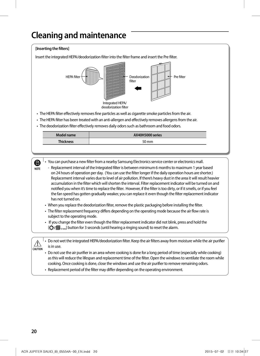 Samsung AX40H5000GM/MG manual Cleaning and maintenance, Inserting the filters 