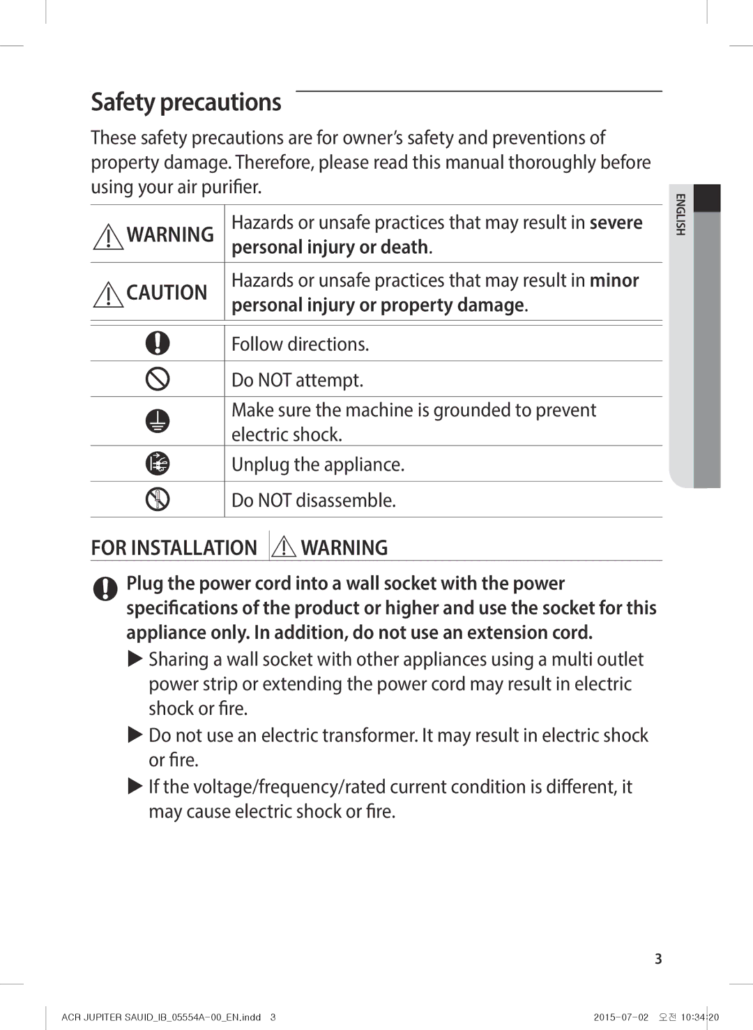 Samsung AX40H5000GM/MG manual Safety precautions, For Installation Warning, Personal injury or death 