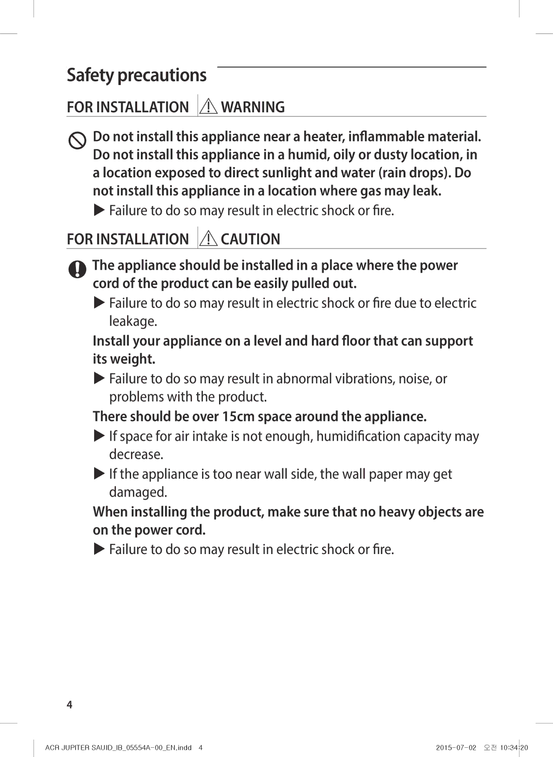 Samsung AX40H5000GM/MG manual For Installation Caution, There should be over 15cm space around the appliance 