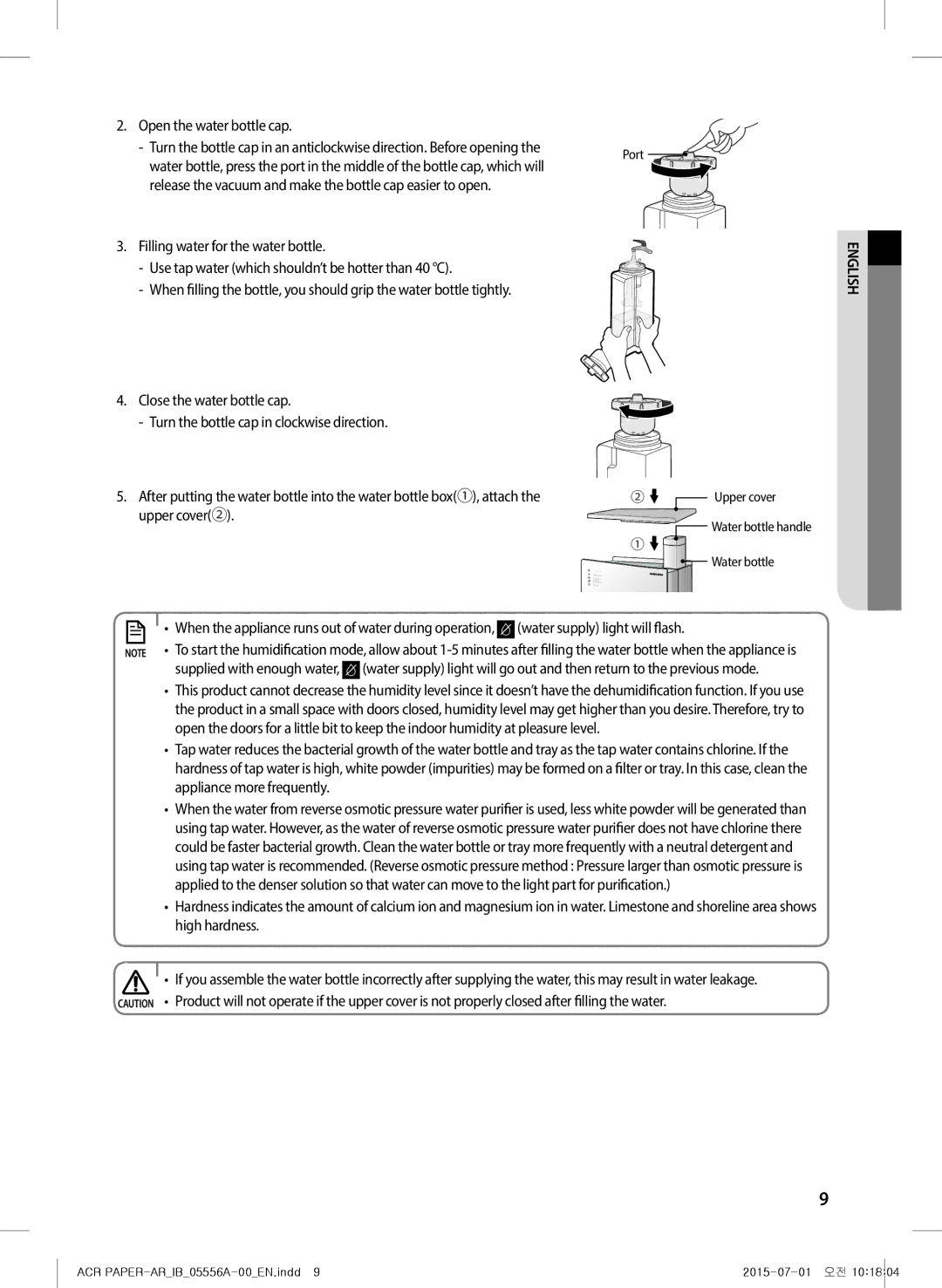 Samsung AX40H6500WQ/MG manual Open the water bottle cap, Supplied with enough water 