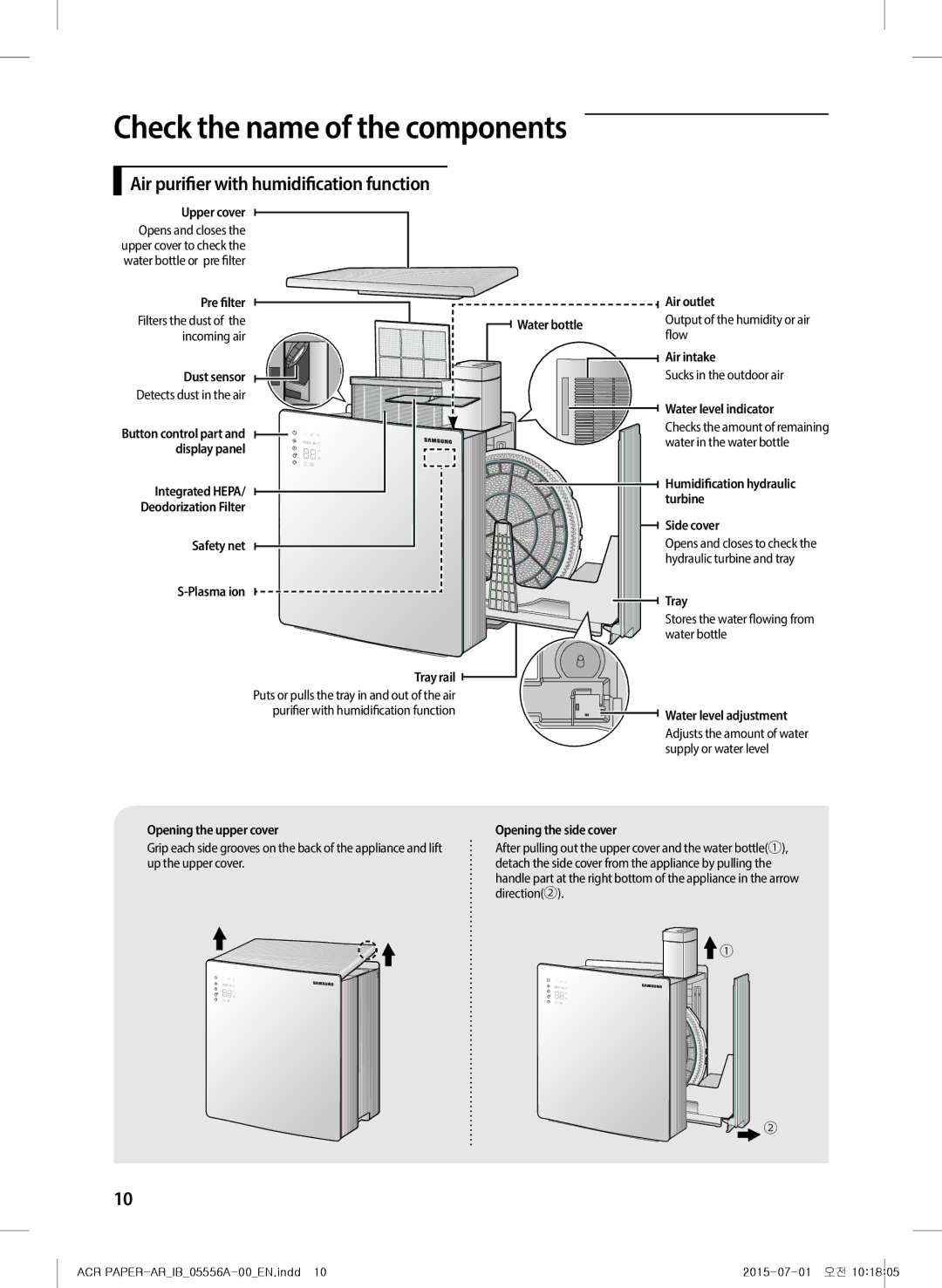 Samsung AX40H6500WQ/MG manual Check the name of the components, Air purifier with humidification function 