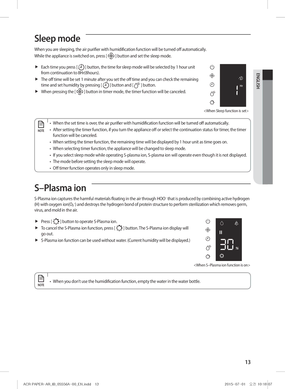 Samsung AX40H6500WQ/MG manual Sleep mode, Time and set humidity by pressing, When S-Plasma ion function is on 