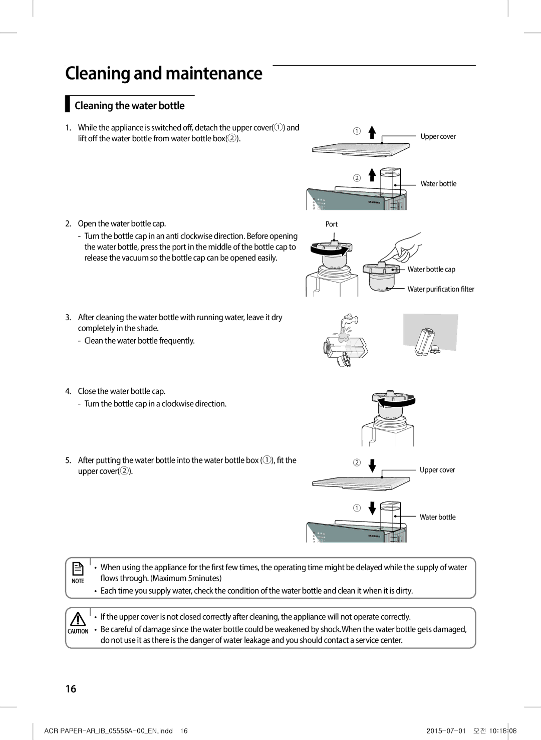 Samsung AX40H6500WQ/MG manual Cleaning the water bottle, Port, Water bottle cap Water purification filter 