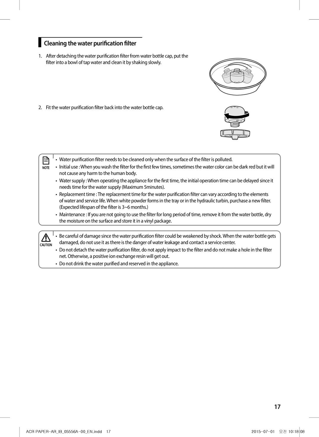 Samsung AX40H6500WQ/MG manual Cleaning the water purification filter 